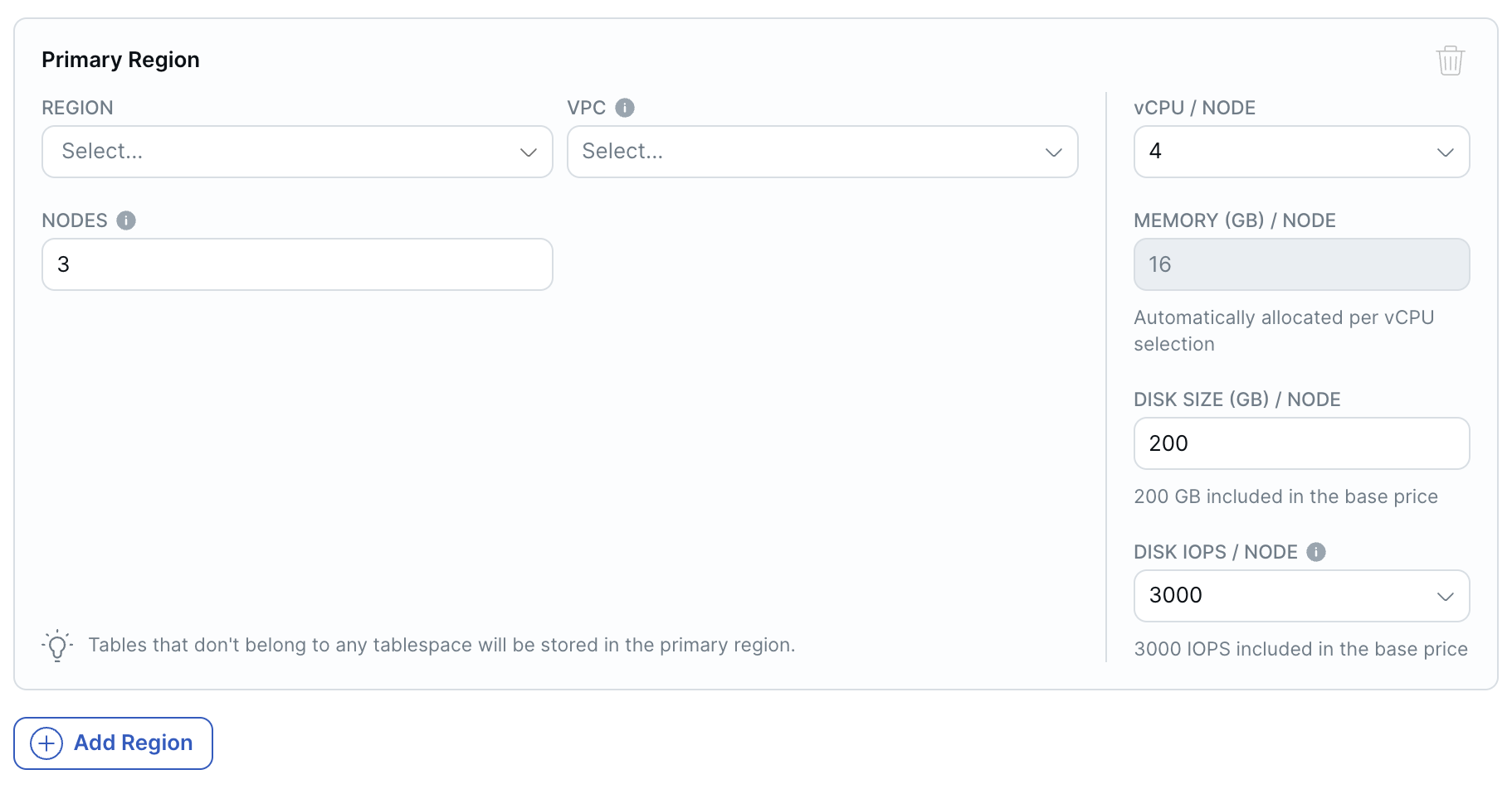 Add Cluster Wizard - Primary region and size Add Cluster Wizard - Primary region and size